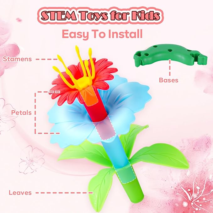 FUNZBO Flower Garden Building Toys Set - Christmas Birthday Gifts for Age 2 3 4 5 6 Years Old Girls, STEM Montessori Educational Toy for Toddler Kids, Sorting & Stacking Spring Gardening Set