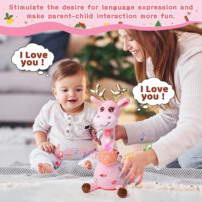 Dancing Talking Giraffe with Golden Antlers Toy, Stuffed Animal Baby Toy Repeating What You Say, Glowing Musical Electronic Giraffe with Golden Anlters Gifts for Toddlers 1-3 Years Old (Pink)