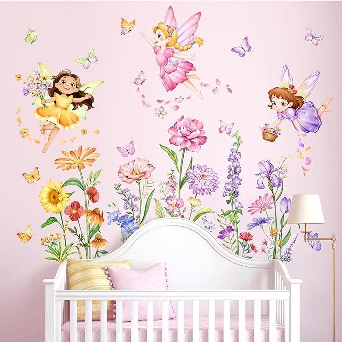 Tanlaby Flower Fairy Wall Decals Butterfly Girl with Wildflower Sunflower Wall Stickers Elves Wall Art Decor for Girl Baby Nursery Kids Bedroom Living Room