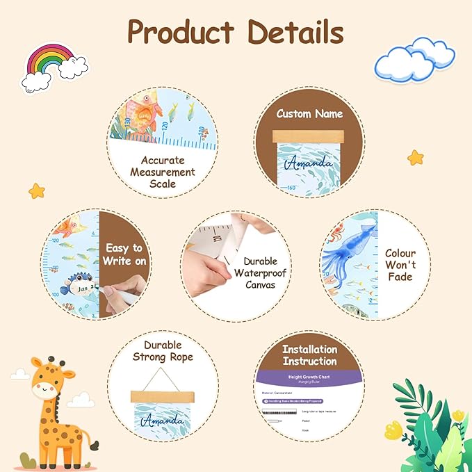 Personalized Name Height Chart for Kids, Canvas Ocean Growth Chart for Wall Removable, Growth Chart for Boys Girls, Nursery and Playroom Wall Decor, Customized Gifts for Kids
