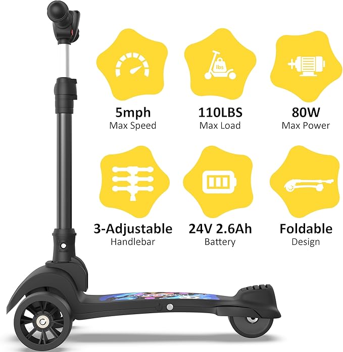 VOLPAM C001 Electric Scooter for Kids, 80W Motor, Max Safe Speed 5MPH, 3 Adjustable Height, Lean-to-Steer, 3.5" Lighted Up Wheel, Foldable Scooter for Boys & Girls, Max Load 110lbs