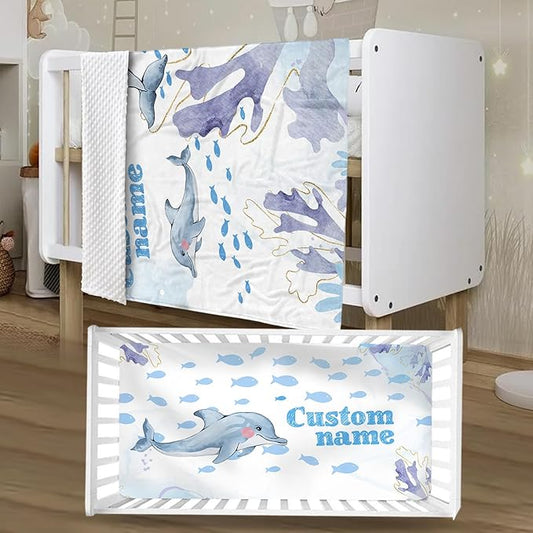 Personalized Baby Crib Bedding Set, Custom Name Blue Dolphin Baby Bedding 2-Pcs Set - Soft Double Layer Dotted Blanket and Fitted Sheet, Nursery Bedding for Newborn Boys Girls, Perfect Shower Gift