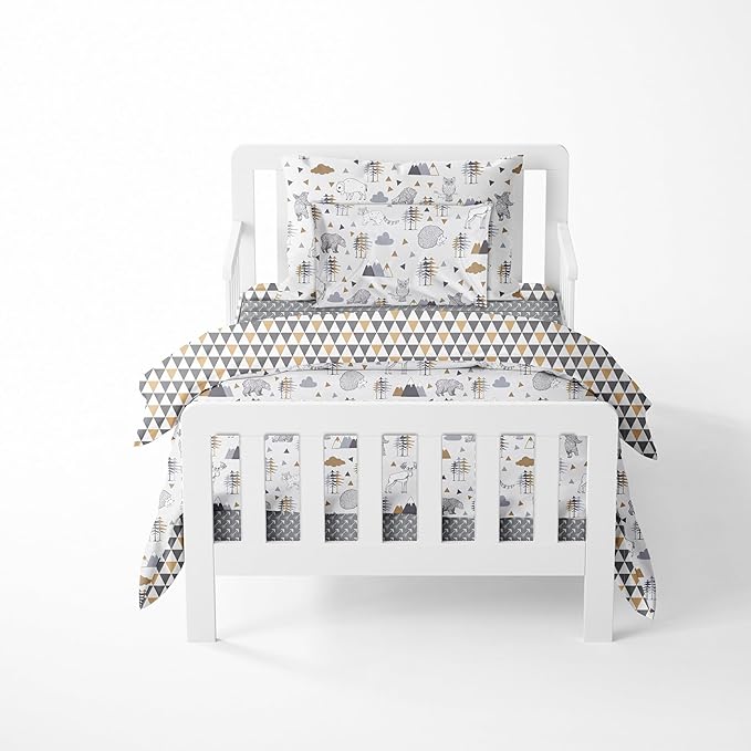 Bacati Woodlands Grey/Beige Neutral Cotton 4 Pc Toddler Bedding Set, Beige/Grey