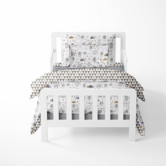 Bacati Woodlands Grey/Beige Neutral Cotton 4 Pc Toddler Bedding Set, Beige/Grey