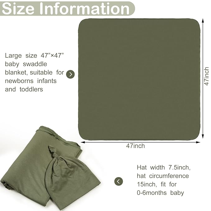 JaGely 2 Pcs Stretchy Baby Swaddle Blankets Set Extra Soft 47" x 47" Baby Newborn Swaddle Blanket and Hat(Blue, Army Green)