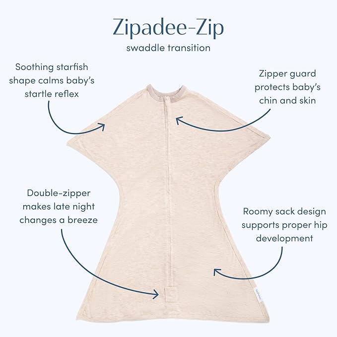 SleepingBaby Zipadee-Zip Transition Swaddle - Cozy Baby Swaddling Blanket with Zipper Convenience - Roomy Wearable Blanket for Easy Diaper Changes - 6-12 Month - Balanced Beige Heather