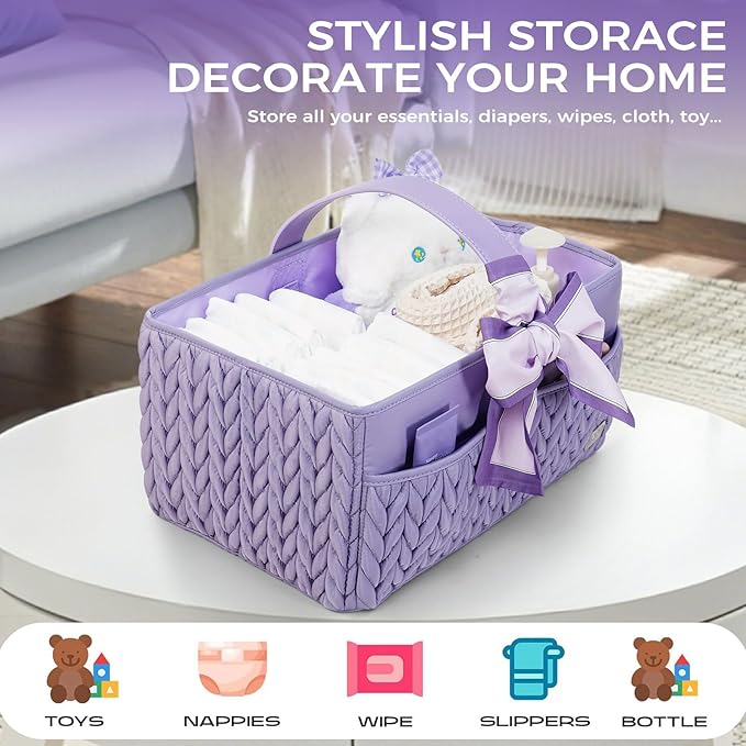 LUKJOJO Luxurious Baby Diaper Caddy, Nursery Storage Basket for Newborn Boy and Girl, Travel Baby Basket for Diapers Baby Wipes, Organizer Tote Bag Storage Bin, Baby Shower Gifts (purple)