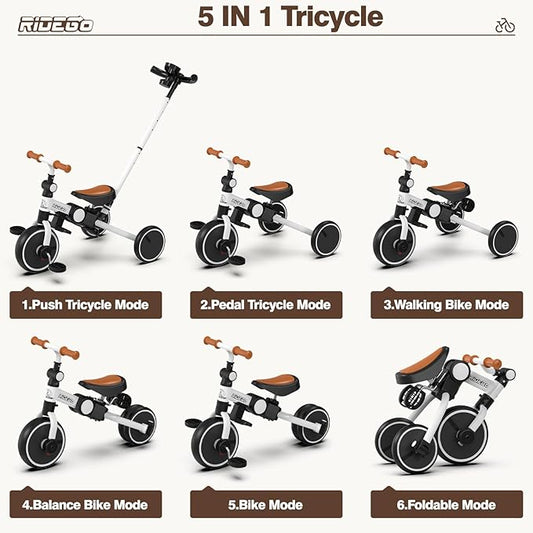 Ridego Toddler Tricycle with Push Handle for 3-5 Years Old Boys and Girls,5 in 1 Foldable Toddler Bike with Adjustable Seat, Kids Tricycle Ride-on Toys for Kids Birthday Gifts