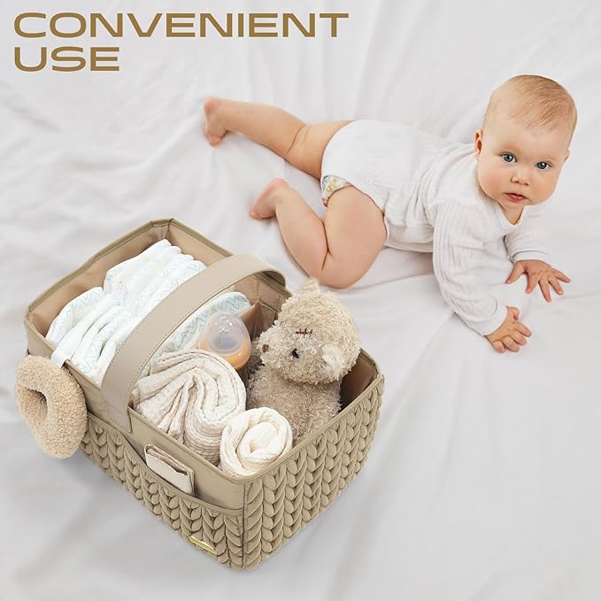 LUKJOJO Luxurious Baby Diaper Caddy, Nursery Storage Basket for Newborn Essentials, Travel Baby Basket for Diapers Baby Wipes, Organizer Tote Bag Storage Bin, Baby Shower Gifts(Beige)