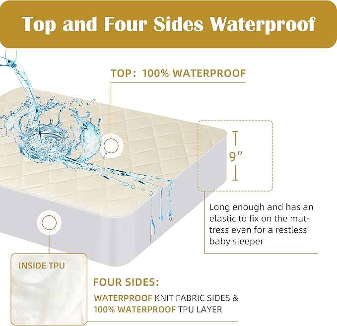 Lofe Organic Crib Mattress Protector - Top&Side Waterproof, 100% Waterproof Crib Mattress Protector, Breathable Cotton Toddler Mattress Protector, Baby Crib Mattress Cover Fitted 52x28x9 in