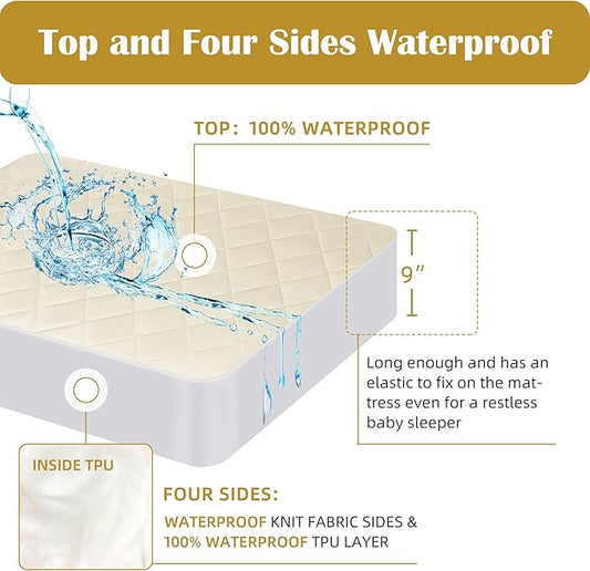 Lofe Organic Crib Mattress Protector - Top&Side Waterproof, 100% Waterproof Crib Mattress Protector, Breathable Cotton Toddler Mattress Protector, Baby Crib Mattress Cover Fitted 52x28x9 in