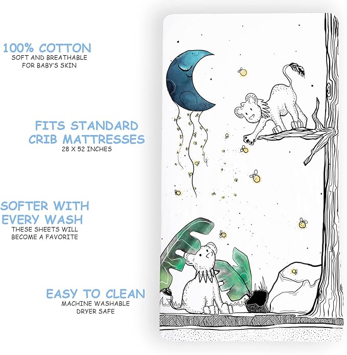 JumpOff Jo - Fitted Crib Sheet, Super Soft Breathable 100% Cotton Baby Crib Sheet for Standard Crib Mattresses and Toddler Beds, 28 in. x 52 in. - Lionhearted