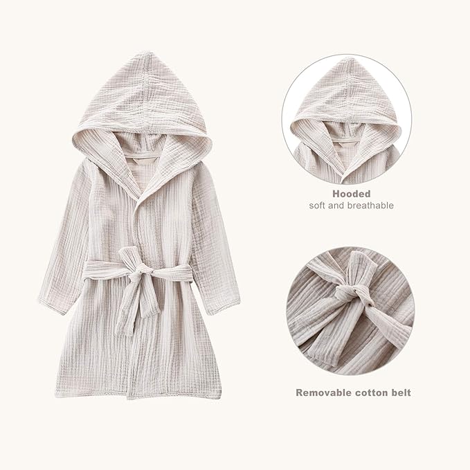 Organic Cotton Toddler Bathrobe, Soft and Breathable Baby Robe for Kid, Boy& Girl Hooded Robe Muslin