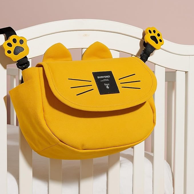 SUNVENO Kitty Stroller Organizer Bag – Universal Baby Stroller Caddy with 2 Cup Holders, Adjustable Straps, Waterproof Oxford, Lightweight Travel Accessory for Strollers, Prams & Pushchairs,Yellow