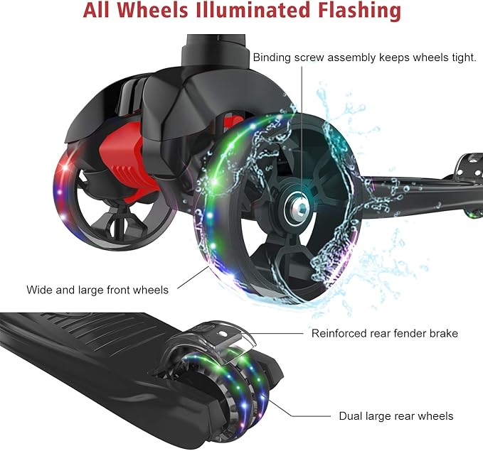 Allek Kick Scooter B02, Lean 'N Glide Scooter with Extra Wide PU Light-Up Wheels and 4 Adjustable Heights for Children from 3-12yrs (Black)