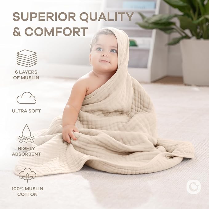 Comfy Cubs Hooded Baby Towel 2-Pack, Large 32 x 32 Inch - 6 Layer 100% Muslin Cotton for Babies, Toddlers and Kids - Soft & Absorbent Baby Bath Towels - Unisex Design for Bath Time - Sand