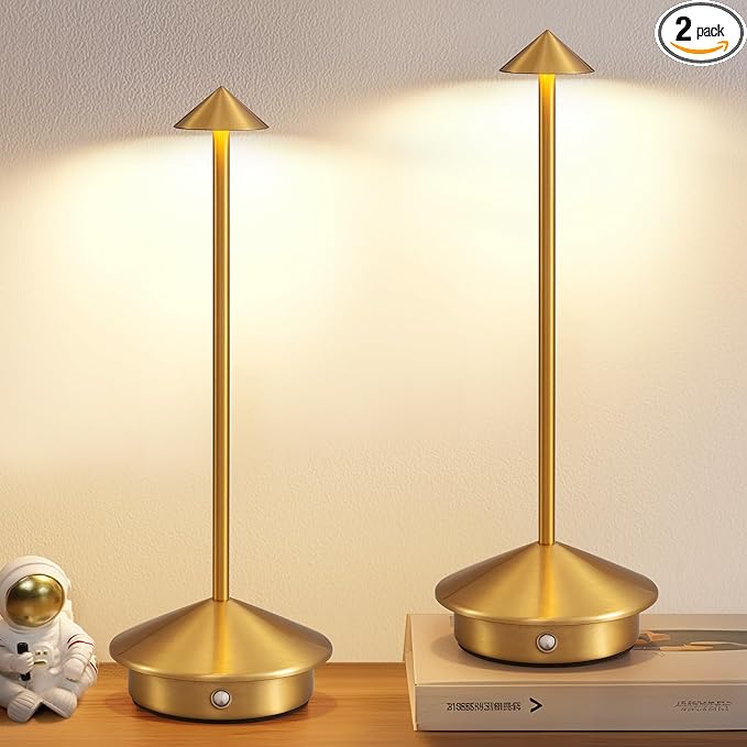 NEWSEE Modern Cordless Table Lamp Set of 2, Portable LED Desk Lamps, 5000mAh Rechargeable Battery Operated Lighting for Bedroom Dining Room Restaurant Coffee Shop Camping Night Light (Gold)