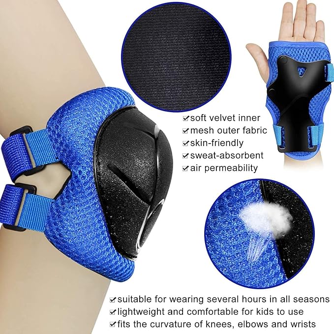 SISIGAD Kids Protective Gear Set, Strap Adjustable Knee Pads and Elbow Pads Wrist Guard 6 in 1, Suitable for Scooter, Skateboarding, Cycling, Skating