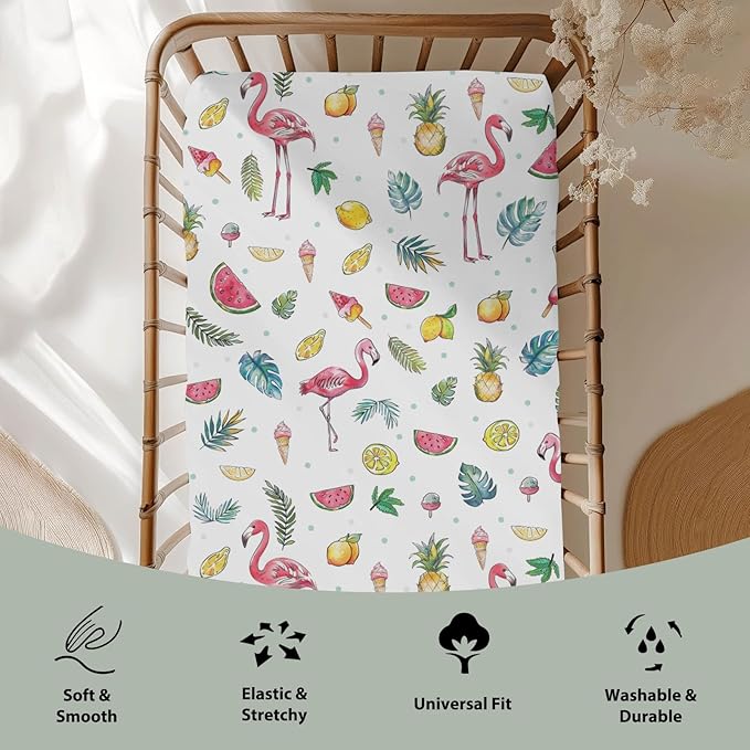 Pink Flamingo Tropical Flowers Leaves Baby Crib Sheets for Boy Girl 28"x52" Summer Birds Fruits Soft Snug Fitted Crib Mattress Cover Beach Vacation Baby Sheet for Standard Crib & Toddler Bed Mattress
