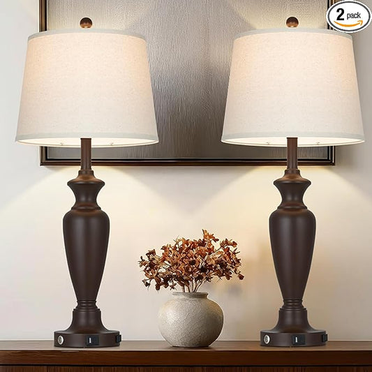 luxeflow 30" Tall Brown Table Lamps Set of 2 for Living Room, Touch Control Bedside Lamps for Bedroom Nightstand, 3-Way Dimmable Farmhouse Lamps with Charging Ports (2 LED Bulbs Included)