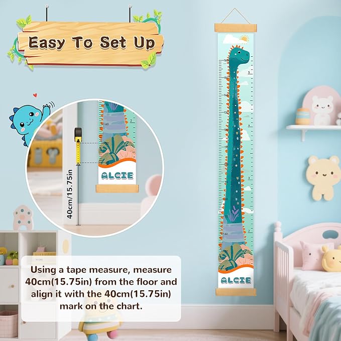 Personalized Name Growth Chart for Kids, Dinosaur Canvas Child Height Measurement, Kids Measuring Chart for Wall, Kids Room Wall Decor, Removable & Waterproof Growth Chart Ruler