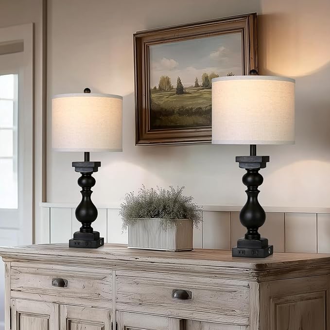 MOUVOVO 28" Tall Farmhouse Table Lamps Set of 2 with USB C+A Ports and AC Outlet, 3 Way Touch Tall Rustic Bedside Lamps for Living Room, Black Vintage Lamps for Bedroom