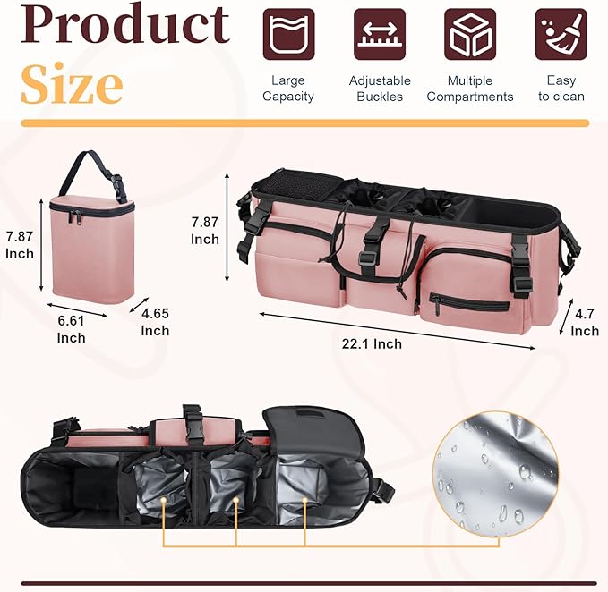 Double Stroller Organizer Compatible with Bob Duallie and Baby Jogger City Mini GT2, Double Baby Stroller Accessories with Cooler Bag, Parent Console Double Jogging Stroller Caddy, Pink