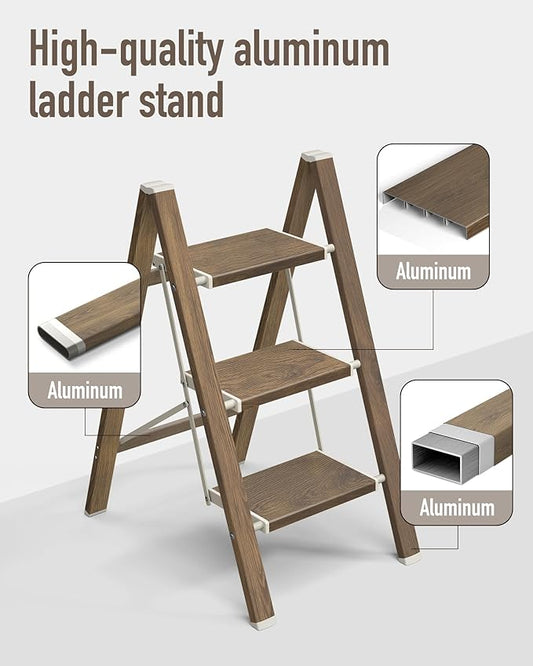 Mayi Plus 3 Step Ladder,Aluminum Folding Step Stool for Adults,Step Ladder with Wide Anti-Slip Pedal,330 lbs Capacity for Home,Kitchen,Library,Office(Cherry Woodgrain)