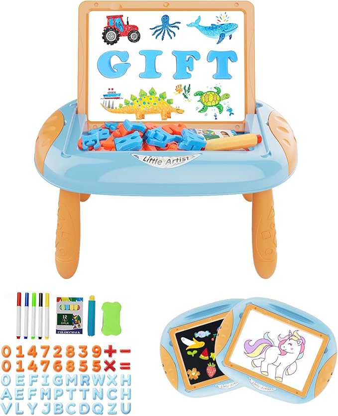 Gift for 1-2 Years Old Boy, Boy Toys with Magnetic Letters and Numbers, Portable Doodle Board Easel, Learning and Educational Toy for 1-2 Years Old Boys (Orange Blue)