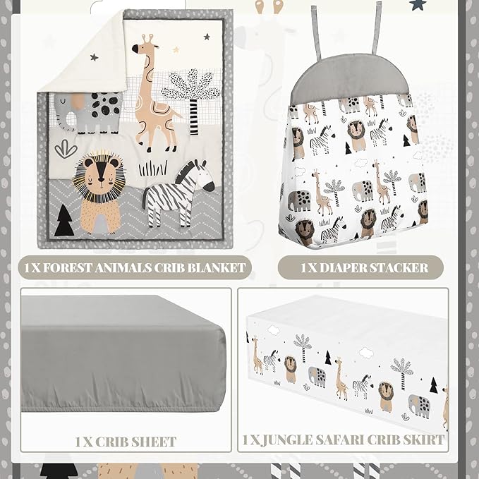 4 Piece Woodland Forest Animals Crib Bedding Set, Including Jungle Safari Crib Skirt, Blanket, Nursery Bed Sheet and Diaper Stacker, Soft Neutral Nursery Standard Size Baby Bedding for Baby Girls Boys