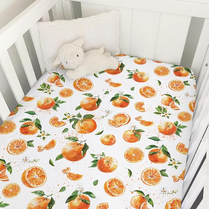 Watercolor Oranges Baby Crib Sheets 52''x28'' Retro Oranges Floral Leaves Stretchy Fitted Crib Mattress Cover for Boy Girl Boho Summer Fruits Soft Bed Sheets for Standard Crib Toddler Mattress
