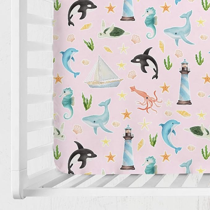 Colorful Sea Animals Baby Crib Sheet 52''x28'' Ocean Whale Dolphin Turtle Shells Coral Lighthouse Ship Stretchy Fitted Crib Mattress Cover for Boy Girl Baby Sheets for Standard Crib Toddler Mattress