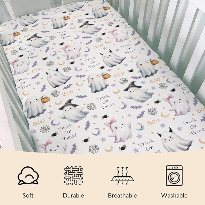 Cute Spooky Halloween Baby Crib Sheets Watercolor Witch Hat Spooky Pumpkins Baby Sheets Fall Moon Stars Fitted Crib Mattress Cover for Standard Crib Toddler Mattresses 28x52in