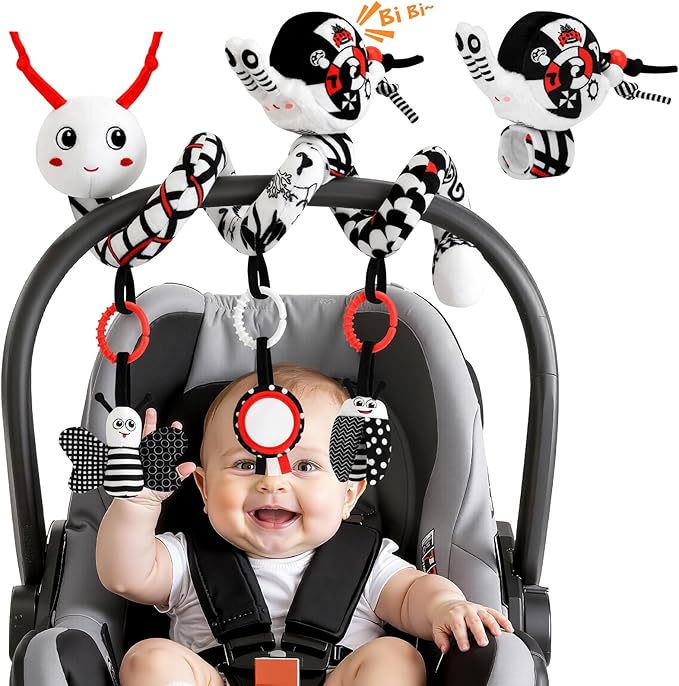 Spiral Car Seat Baby Toys 0-6 Months, Activity High Contrast Black White Sensory Toys with Wrist Rattles Set Hanging Stroller Accessories, Newborn Adjustable Carseat Toys for Baby Boys Girls