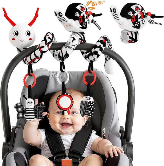 Spiral Car Seat Baby Toys 0-6 Months, Activity High Contrast Black White Sensory Toys with Wrist Rattles Set Hanging Stroller Accessories, Newborn Adjustable Carseat Toys for Baby Boys Girls