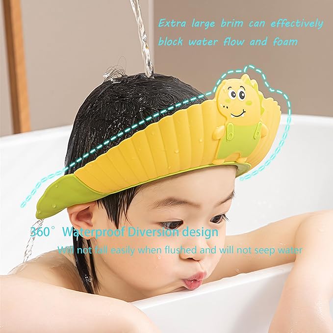 Baby Shower Cap Shield, Shower Cap for Kids, Visor Hat for Eye and Ear Protection for 0-9 Years Old Children, Cute Little Dinosaur Shape Makes The Baby Bath More Fun (Pink)