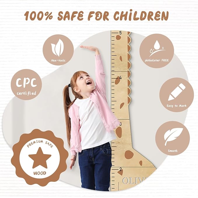 Woodemon Personalized Name Children's Height Measurement Chart for Wall – Giraffe Kids Growth Chart Ruler, Nursery & Playroom Wall Decor 62.8" x 20.1"
