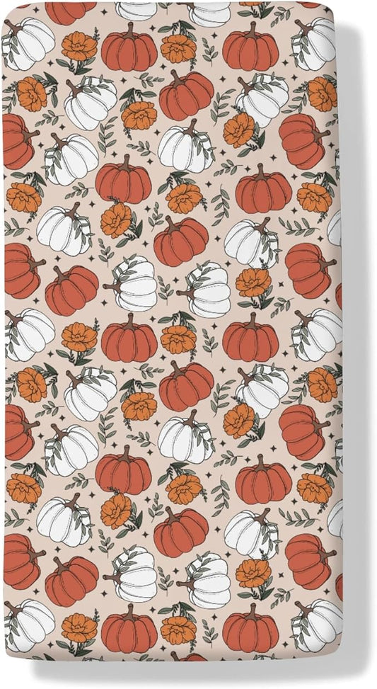 Boho Fall Pumpkin Floral Baby Crib Sheets Retro Autumn Pumpkin Flowers Thanksgiving Baby Sheets Fitted Crib Mattress Cover for Standard Crib Toddler Mattresses 28x52in