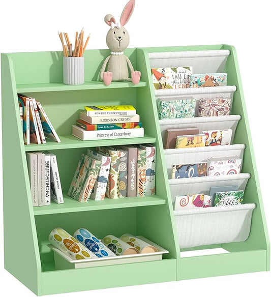 HedoAjim Kids Bookshelf Toddler Bookcase Children Book Rack Baby Toy Storage Organizer Child Book Display Shelf 4-Tier 5 Layer Sling Cabinet Chest Playroom Bedroom Classroom Library Green