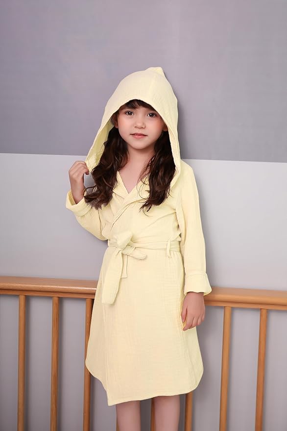 Organic Cotton Toddler Bathrobe, Soft and Breathable Baby Robe for Kid, Boy& Girl Hooded Robe Muslin