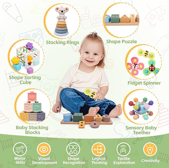 6-in-1 Montessori Baby Toys 0-6 6-12 Months, Infant Teething Toys Soft Stacking Blocks Rings Shape Sorter Sensory Fidget Spinners for Toddler 1-3, Christmas Stocking Stuffers for Girls Boys