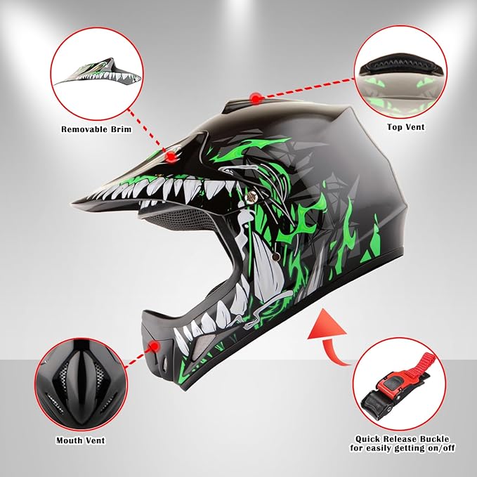 WOW Youth Kids Motocross BMX MX ATV Dirt Bike Dianosour Helmet Dragon + Goggles + Martian Youth Glove Bundle: HJOY MG Bundle
