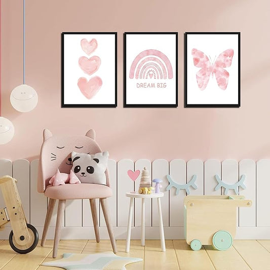 Pink Girls Nursery Wall Art Set of 3, Girl Toddler Room Wall Decor Paintings, Kids Rainbow Butterfly Love Prints Pictures for Baby Room Bedroom Decor 16x24 Inch Wood Framed