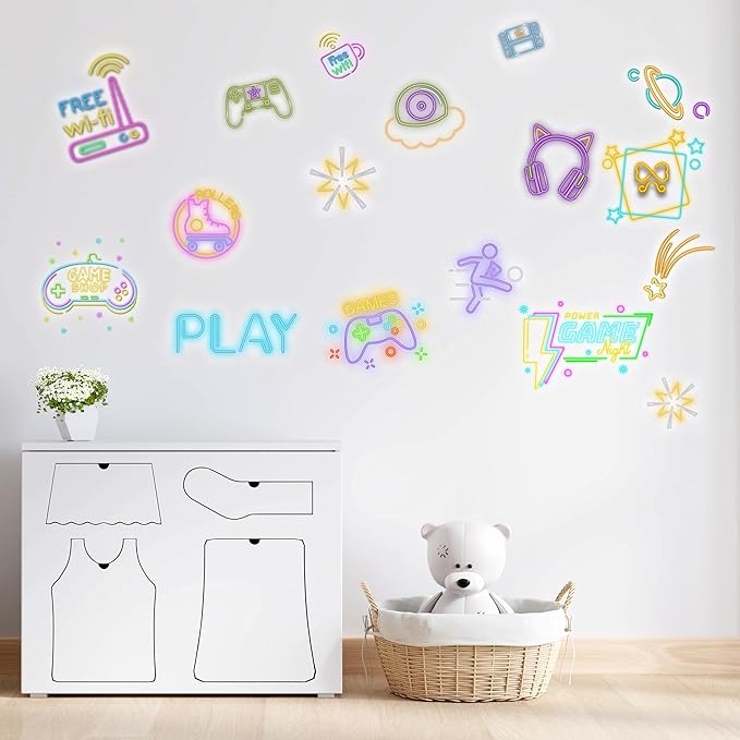 Neon Gaming Wall Stickers for Kids, Neon Gamer Wall Stickers for Children Room, Neon Video Game Character Removable Stickers for Baby Kids Nursery Girls Bedroom Living Room Playroom Wall Decoration