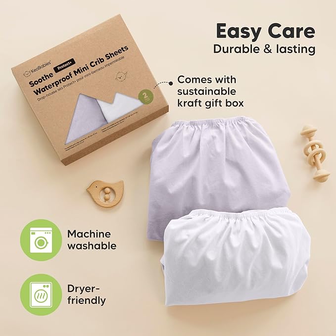 2 Pack and Play Sheets, Waterproof Mini Crib Sheets Fitted - 38x26 Organic Cotton Pack N Play Sheets for Graco Pack and Play Mattress, Playard Baby Crib Sheets, Neutral for Boy, Girl, Toddler (Lilac)