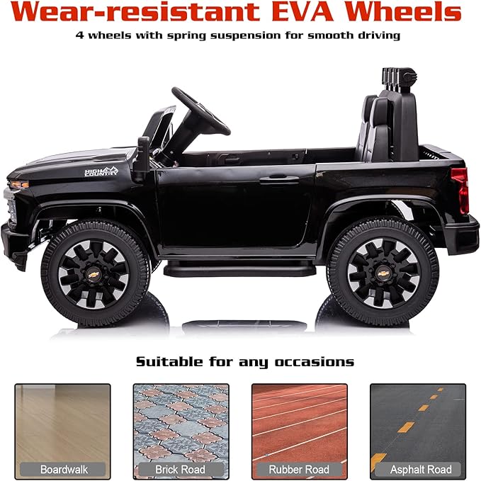 FINITO 24V 4WD Kids Car Licensed Chevrolet Silverado，2 Seater Electric car ，with Parental Remote Control, Music, Bluetooth, for Outdoor Grass, Gift for Kids(Black)