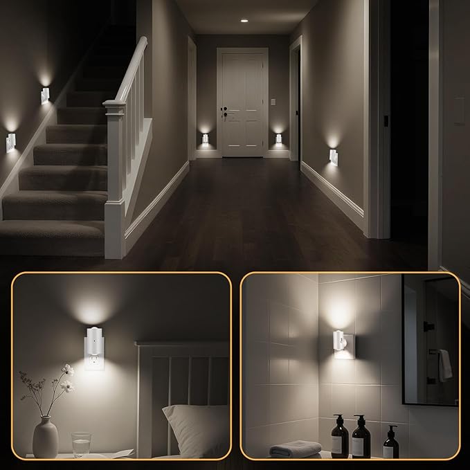 LED Night Light Plug in, Modern Plug-into Wall NightLight, Adjustable 0-200LM Brightness,Daylight 5000K,Dimmable Night Lights for Hallway Bedroom Stairway, Kitchen, Dusk to Dawn Sensor,4 Pack