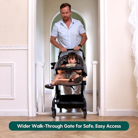 BABELIO Baby Gate for Doorways and Stairs, 41-46" Pet Gate with Wide Walk Thru Door and Lock Indicator, No Drill Pressure Mounted Safety Gate with Double Lock and Self-Closing, White