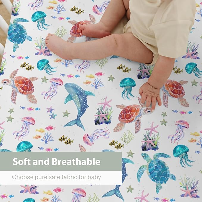 Fantasy Sea Animals Baby Crib Sheets for Boy Girl 28"x52" Turtle Whale Jellyfish Corals Soft Stretchy Fitted Crib Mattress Covers Nautical Marine Baby Sheet for Standard Crib & Toddler Bed Mattress