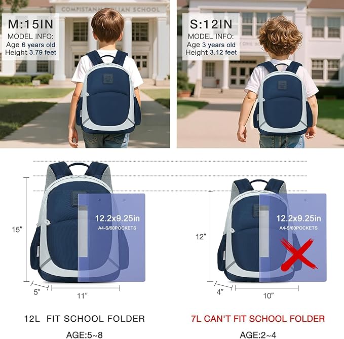 CAMTOP Toddler Backpack for Boys Girls 2-4, Kids Backpacks for Kindergarten Preschool, 12" H Small Bookbag for Daycare Travel (Navy, 12''- Not fit A4 folder)